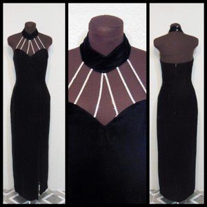 80s Vintage Black Velvet Halter Gown Rhinestones